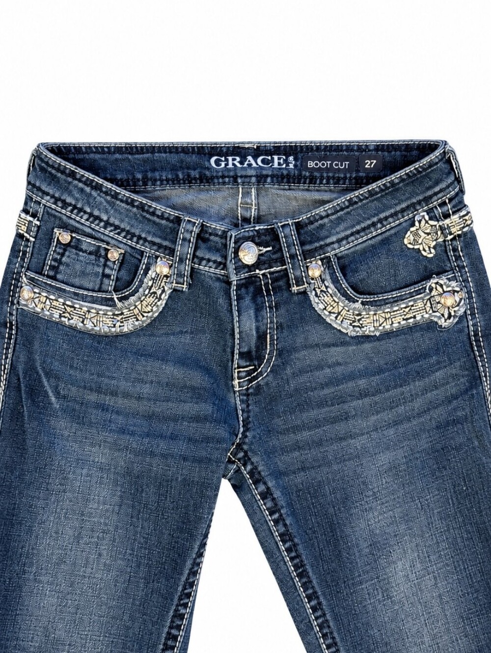 Grace in LA Size 27 Low Rise Bootcut Embellished Rhinestone Cross Jeans - Picture 6 of 6